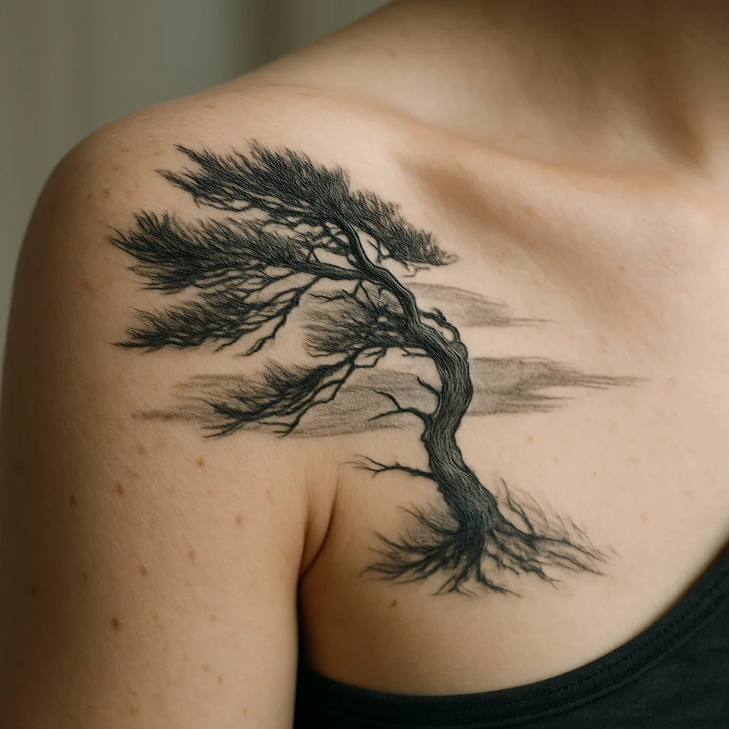 Wind-bent pine tree with grey mist bands tattooed over the shoulder cap
