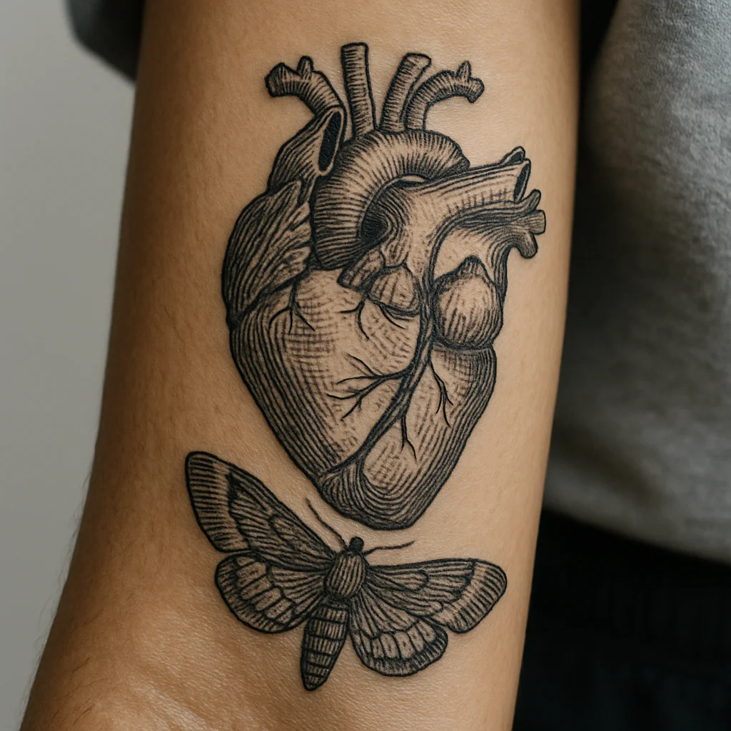 Woodcut engraving style tattoo with hatched anatomical heart and moth on the leg