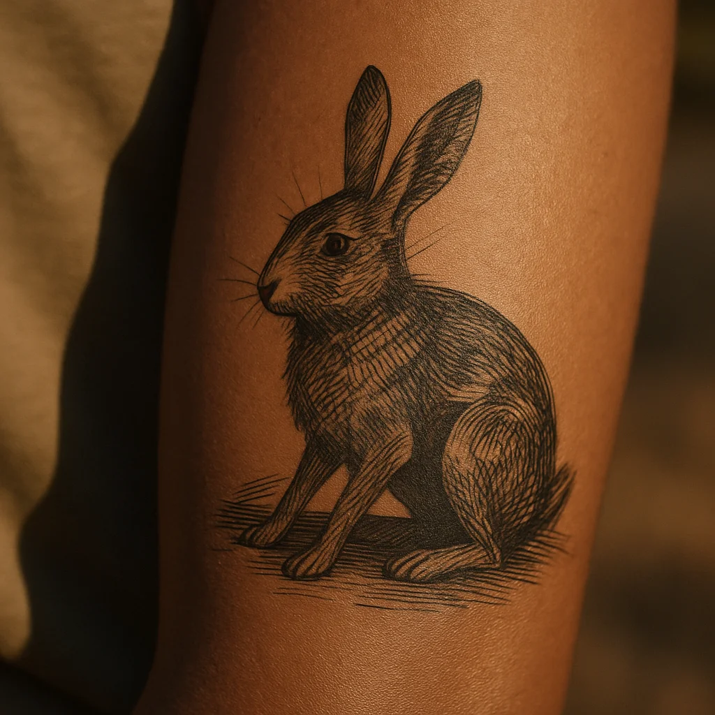 Woodcut-style engraved animal tattoo shaded with cross-hatching on the inner forearm