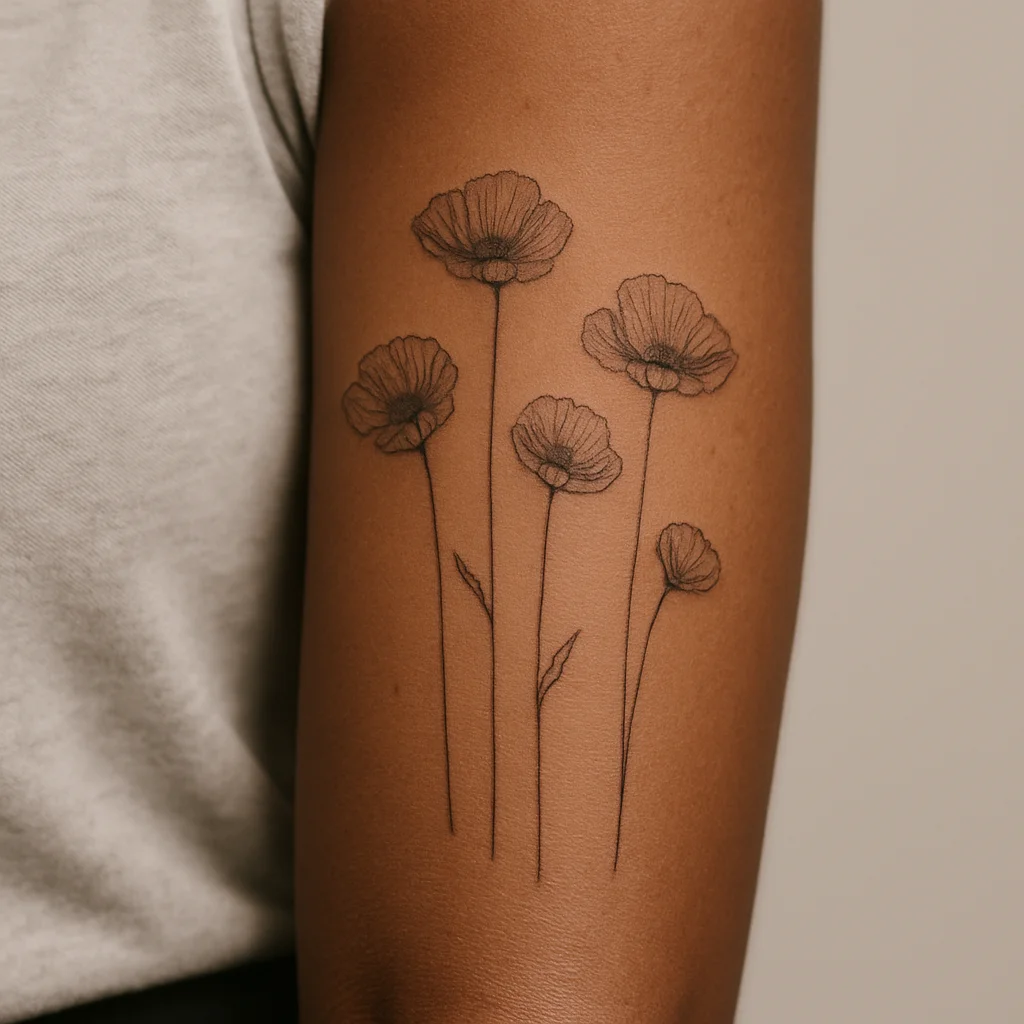 Airy fine-line poppy field tattoo with negative space along the inner forearm