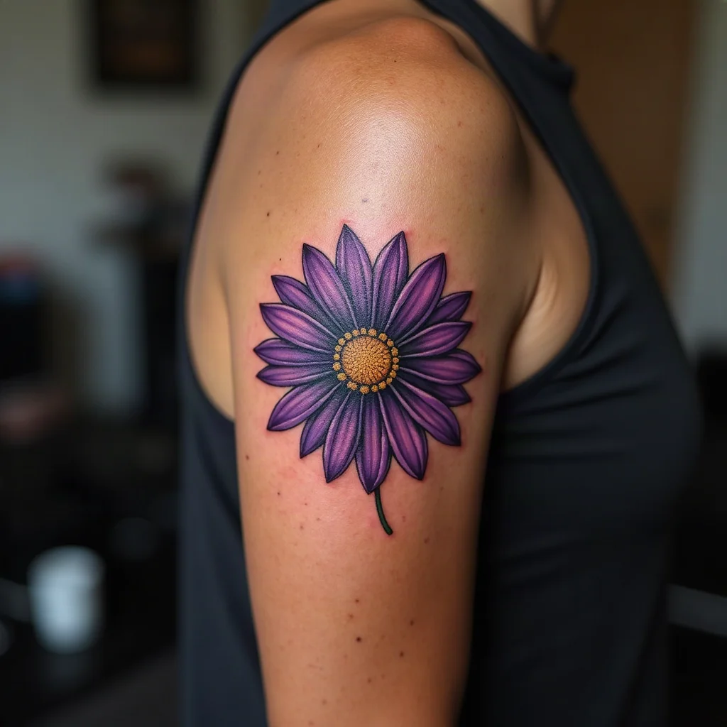 American traditional aster with bold outline and violet petals tattooed on the upper arm