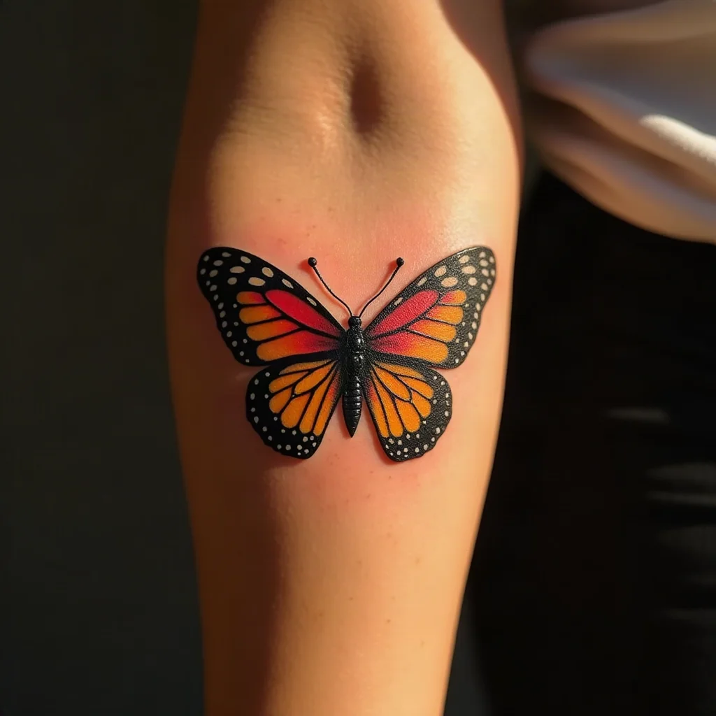 American traditional butterfly with red and yellow wings tattooed on the outer forearm