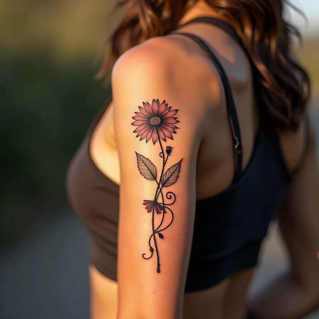 Aster and morning glory vine braided together in fine-line style on the outer forearm