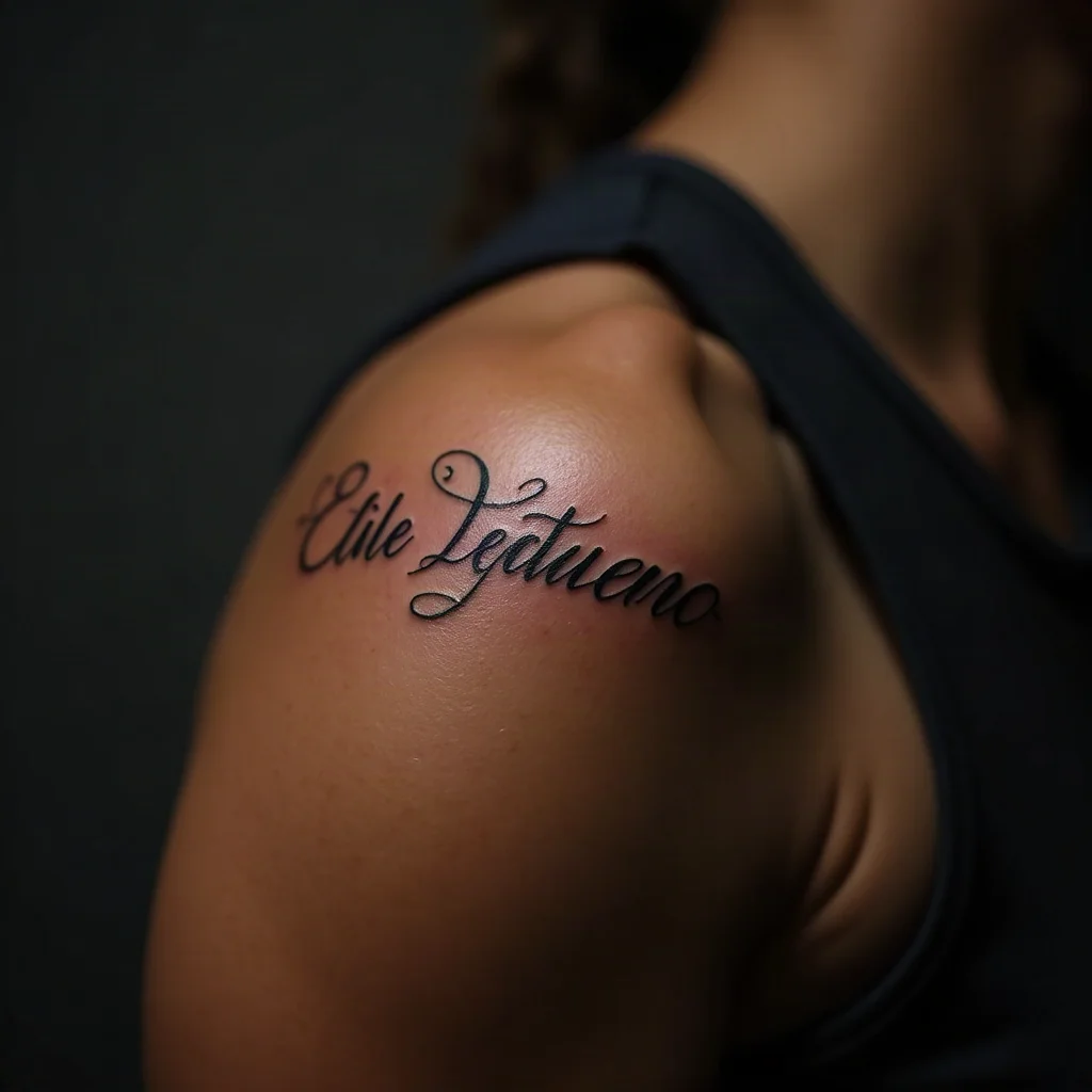 Aster tattoo above a handwritten name wrapping the upper arm