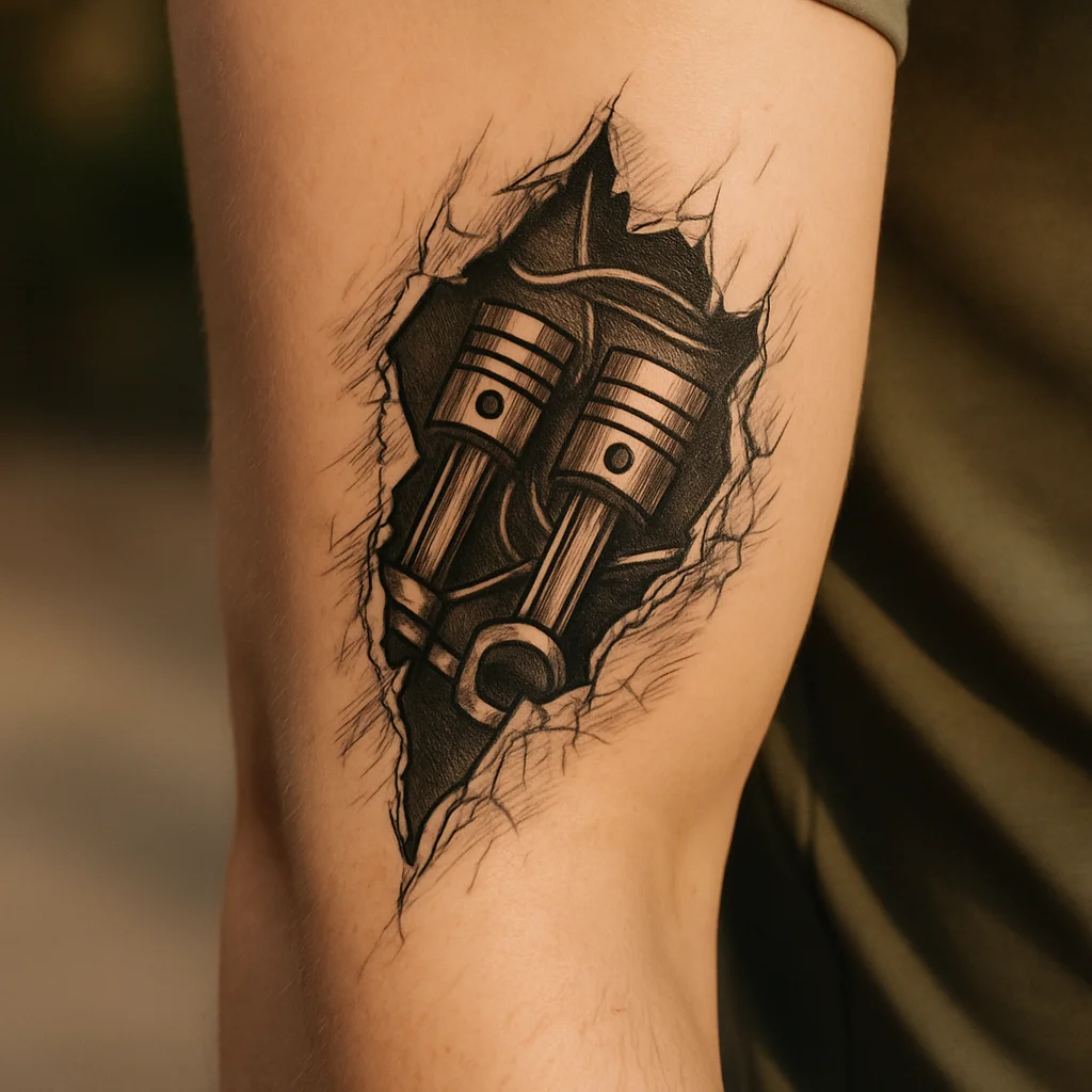Biomechanical torn-skin tattoo revealing pistons on a man's outer forearm