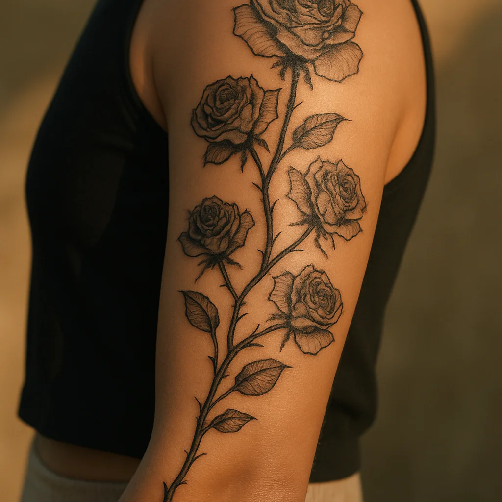 Black and grey climbing rose sleeve with thorned stem spiralling from wrist to shoulder