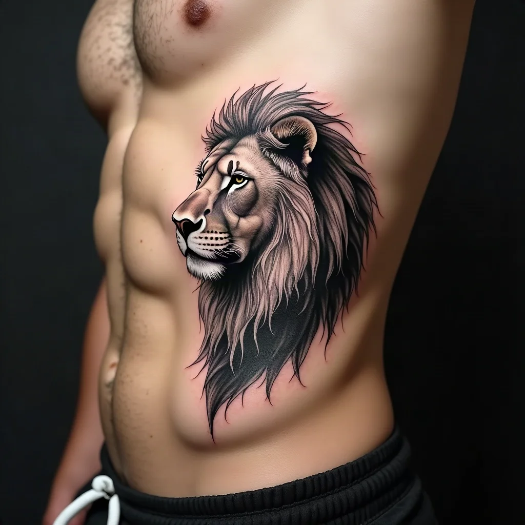 Black and grey lion head tattoo angled along a man's side of the ribcage