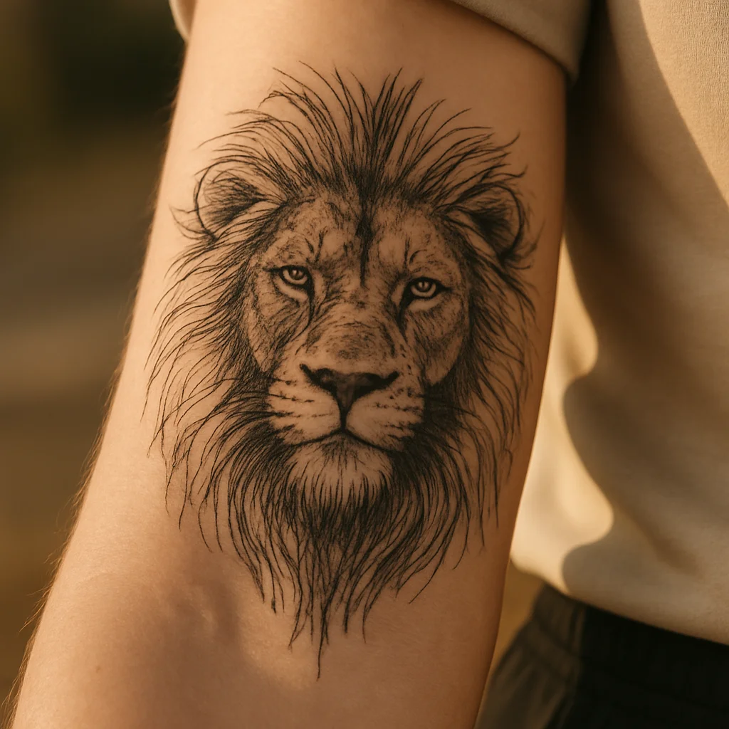 Black and grey lion head with spreading mane tattooed as a centrepiece on the outer forearm