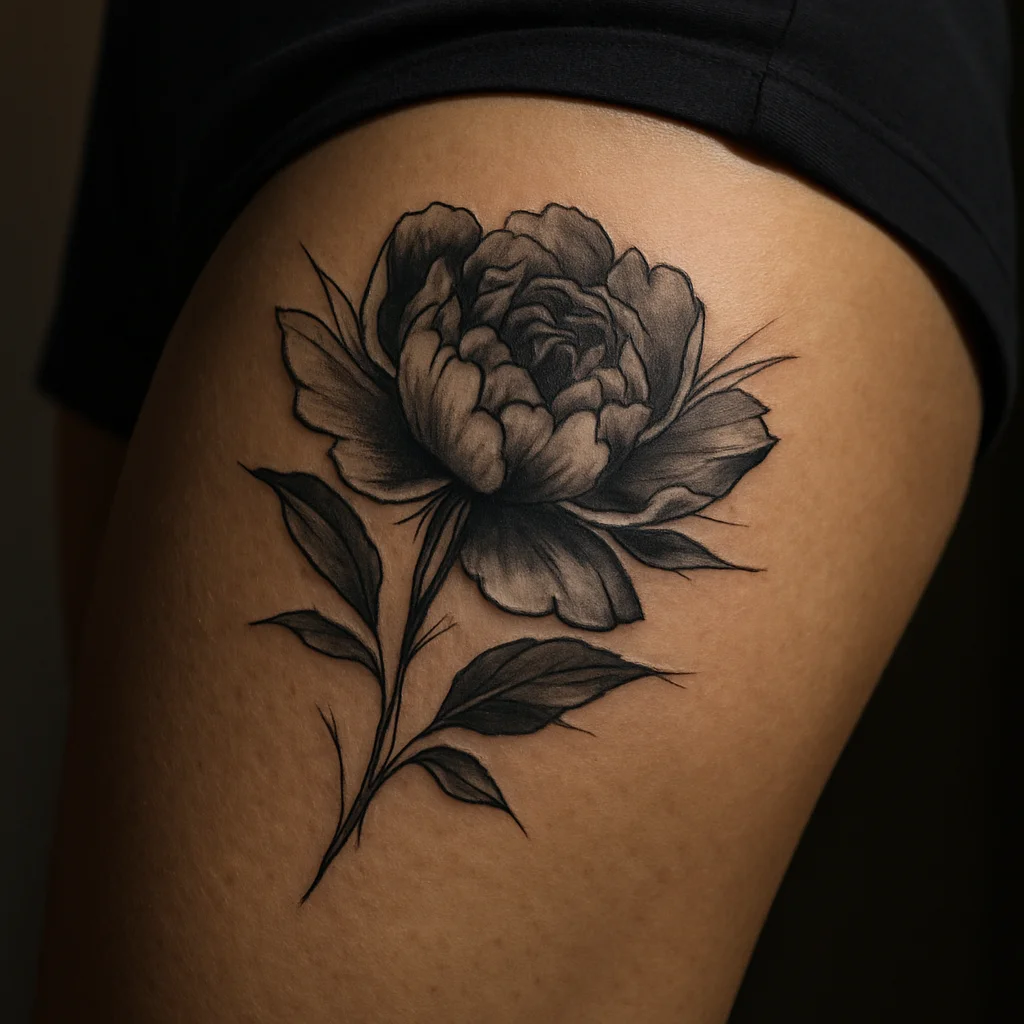 Black and grey peony tattoo with soft shading on the front of the thigh