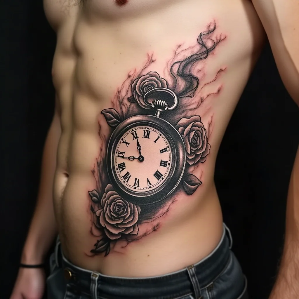 Black and grey pocket watch, roses and smoke panel on the side of the ribcage