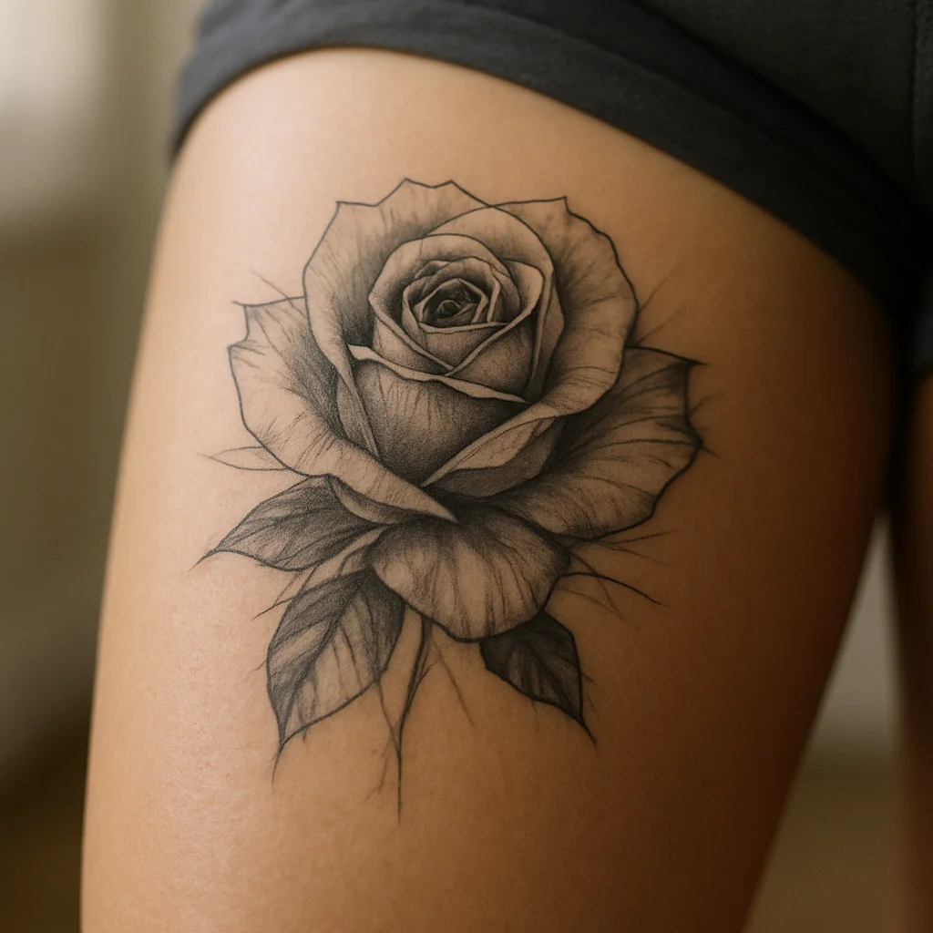 Black and grey rose tattoo with soft shading placed above the knee on the thigh
