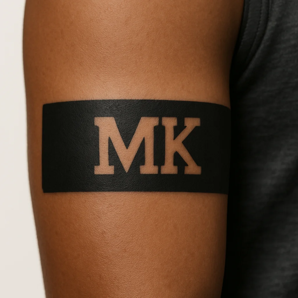 Black armband with negative-space initials on the outer bicep in blackwork style