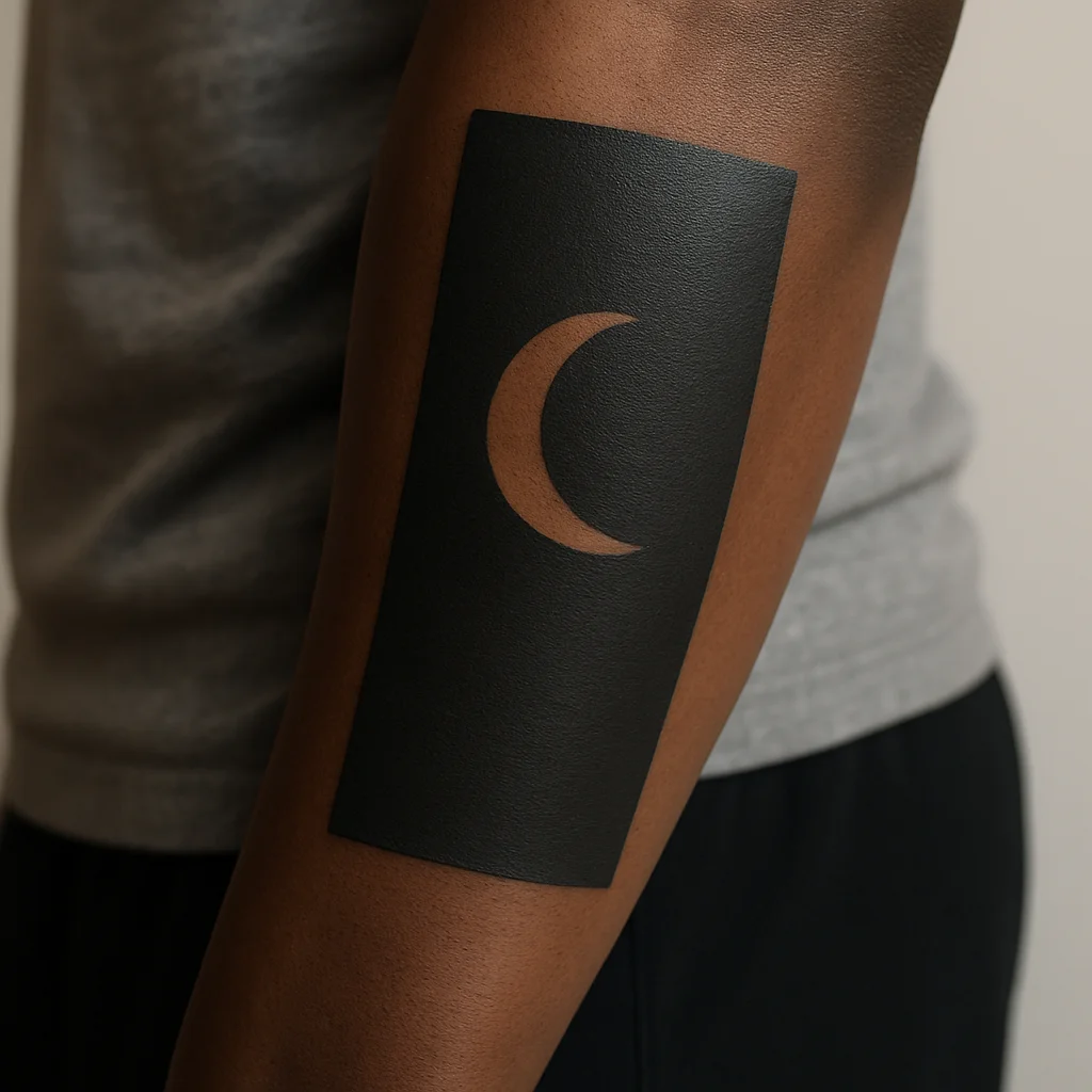 Blackout panel tattoo on the outer forearm with a crescent shape left in negative space