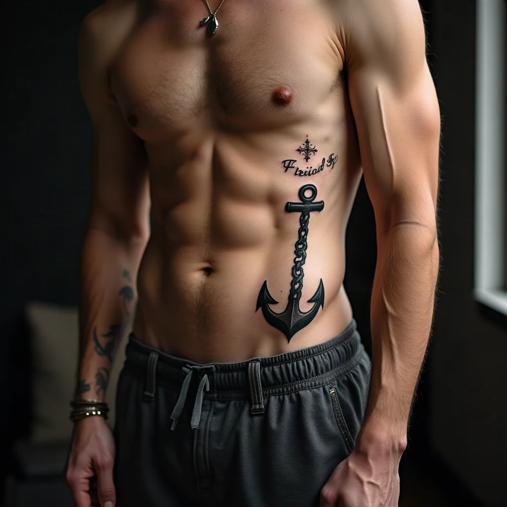 Blackwork anchor chain with a broken link down the side of the ribcage