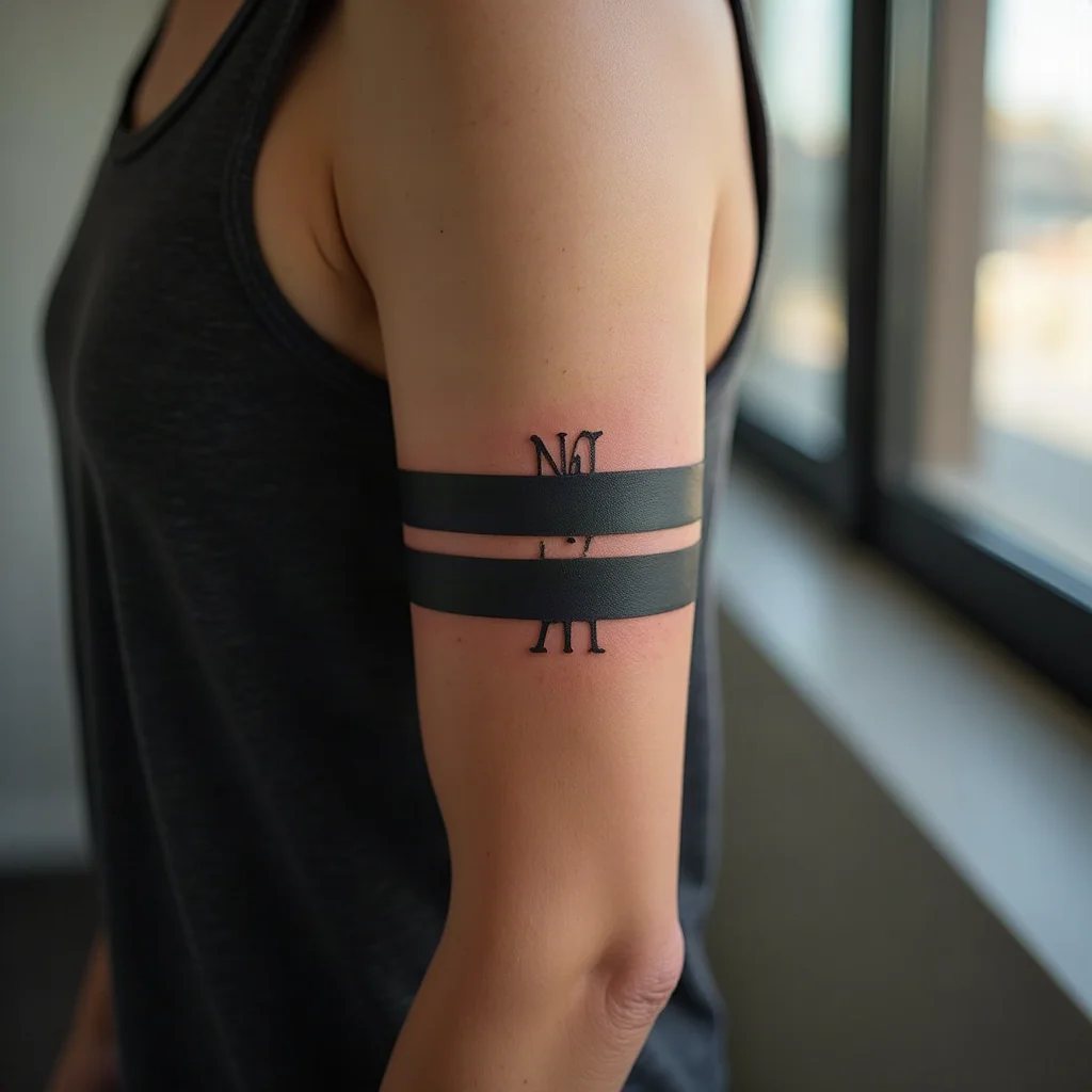Blackwork armband broken by a Roman numeral date in negative space on the upper arm