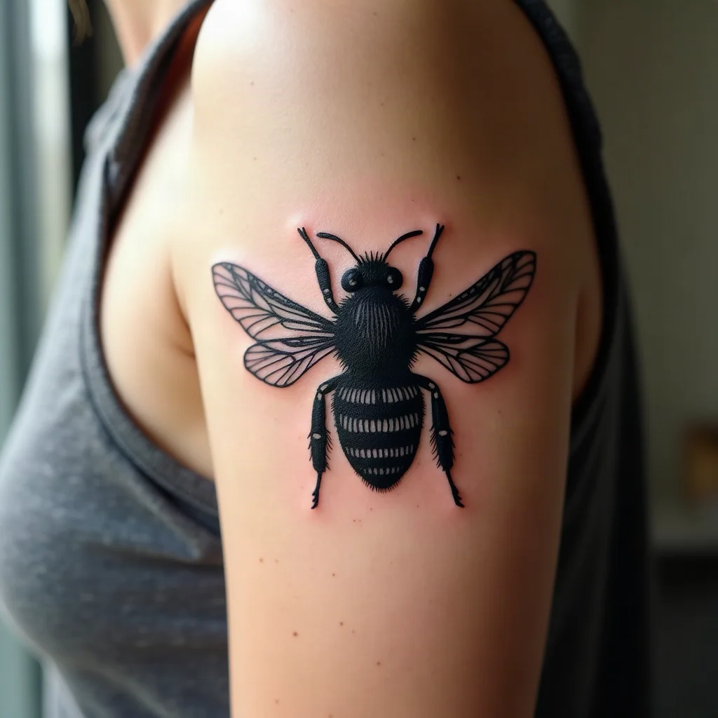 Blackwork bee tattoo on a son's upper arm, matching his mother's thumbprint-sized bee