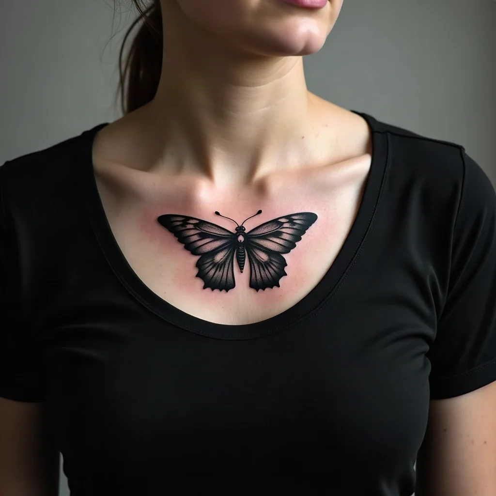 Blackwork butterfly with a skull thorax tattooed across the center of the chest