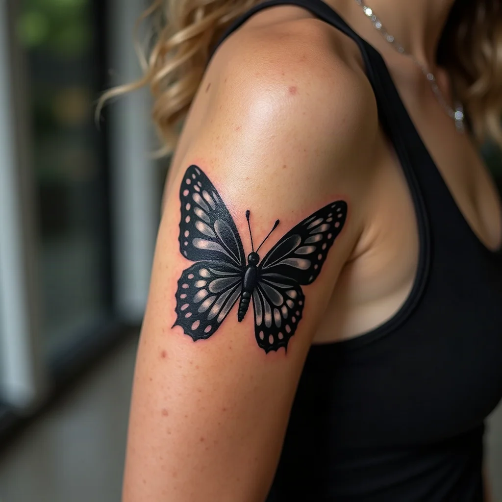 Blackwork butterfly with white ink wing highlights tattooed on the upper arm