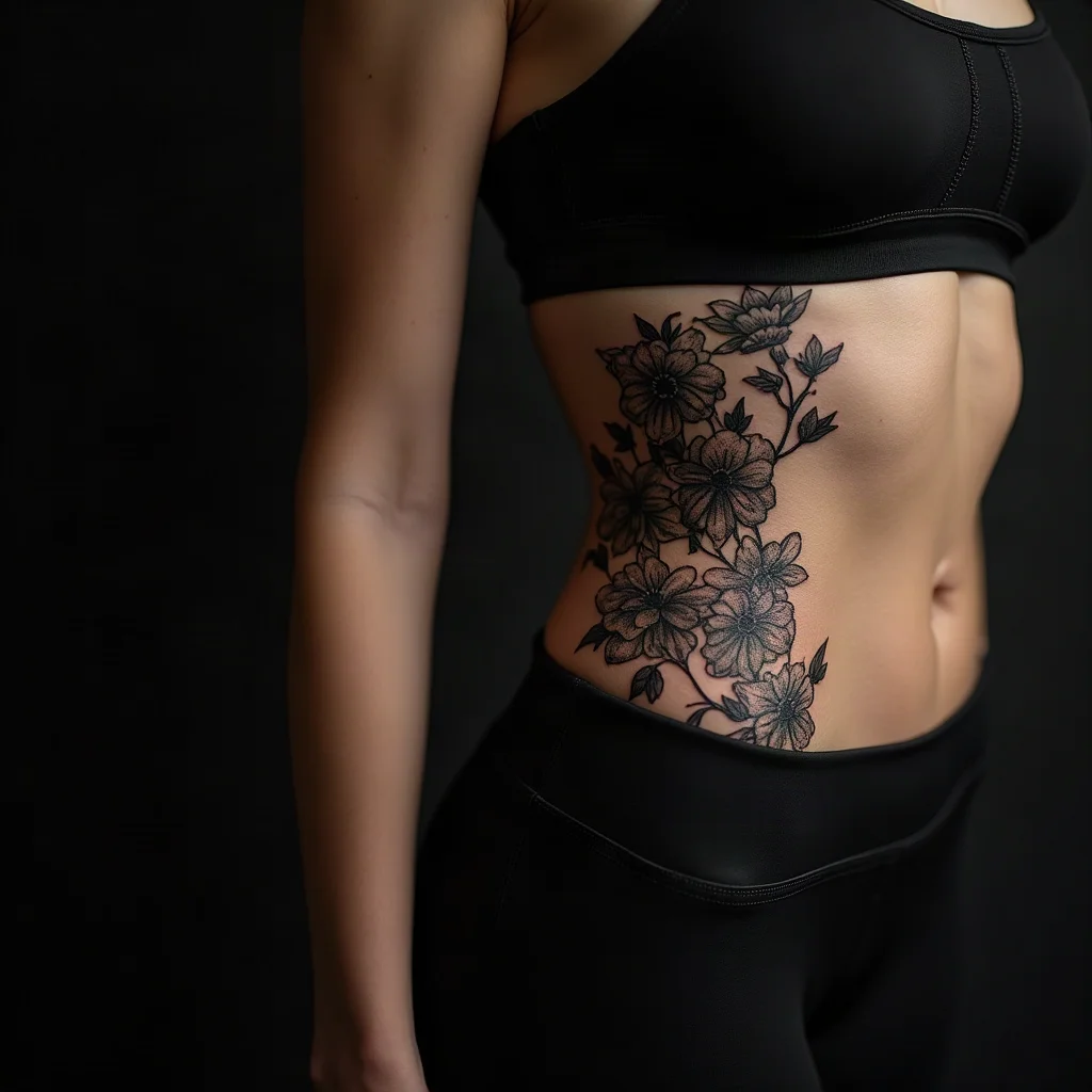 Blackwork floral panel wrapping from the side of the ribcage toward the back