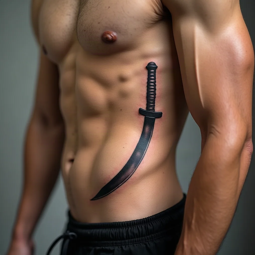 Blackwork katana tattoo angled along the rib line on a man's side of the ribcage