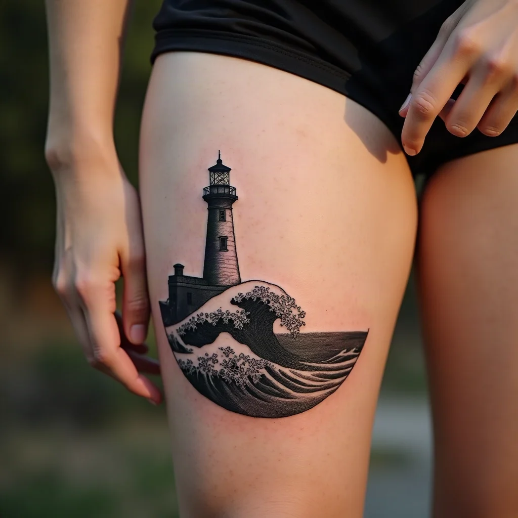 Blackwork lighthouse tattoo on a son's calf, paired with his mother's small curling wave