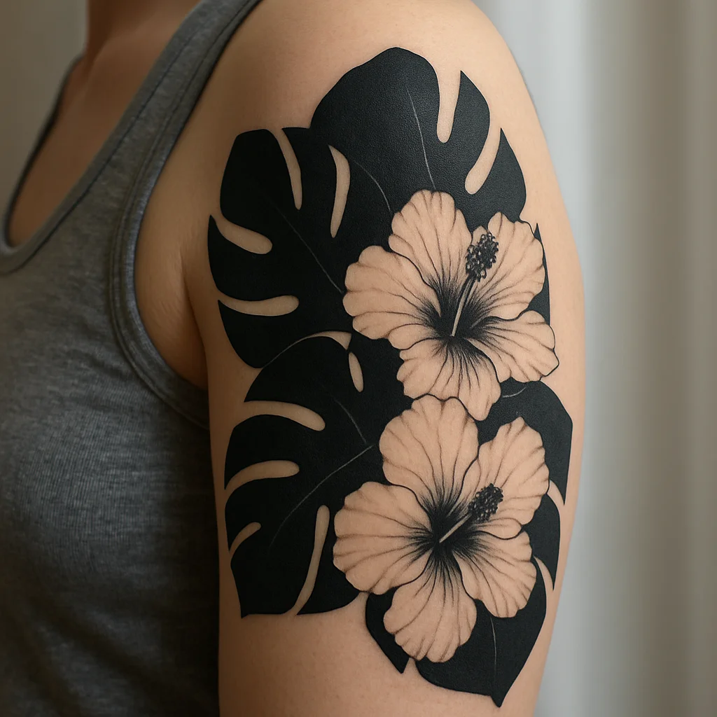 Blackwork monstera leaves with bold hibiscus blooms across the upper arm