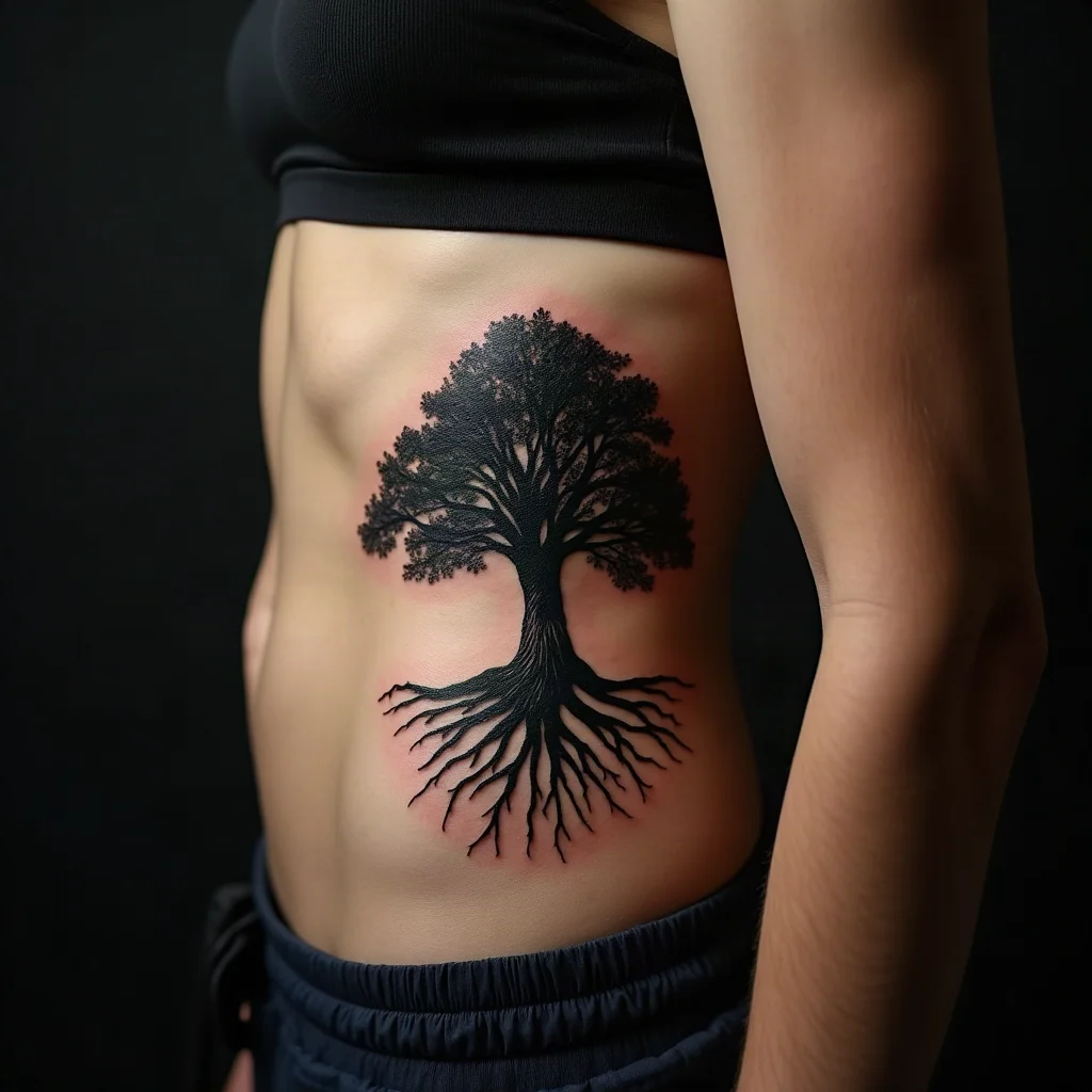 Blackwork oak tree with roots on a son's ribcage, matching his mother's small acorn