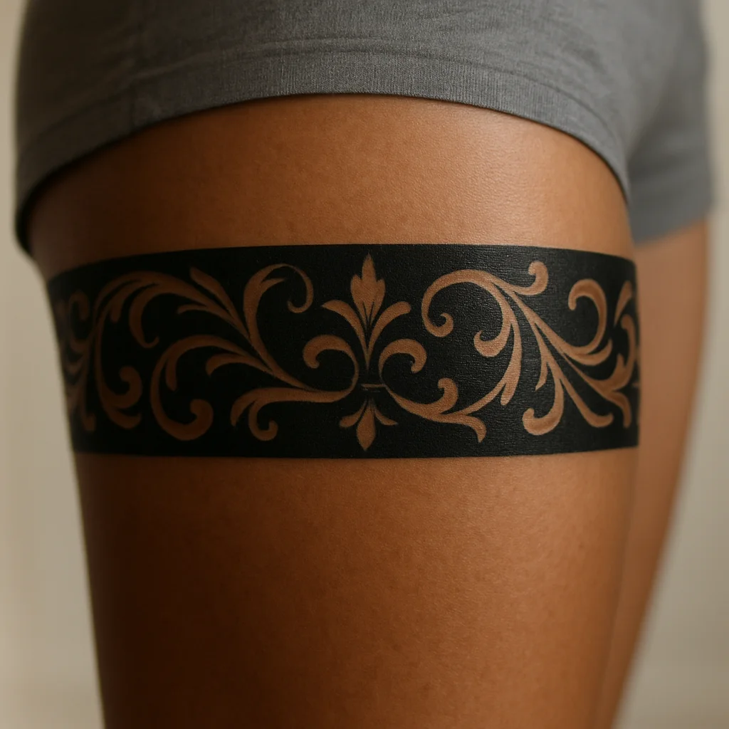 Blackwork ornamental filigree garter band wrapping the back of the thigh