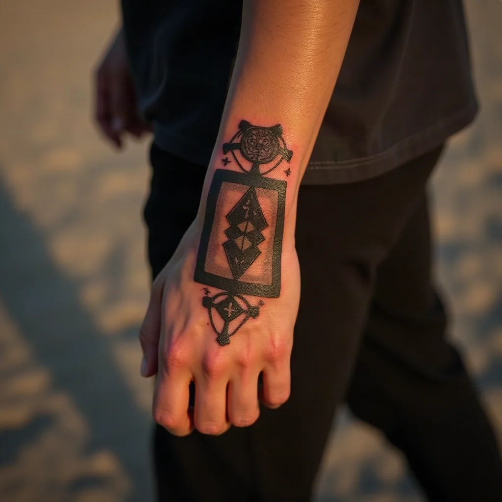 Blackwork panel tattoo on the back of a hand healing dry with cracked scabbing