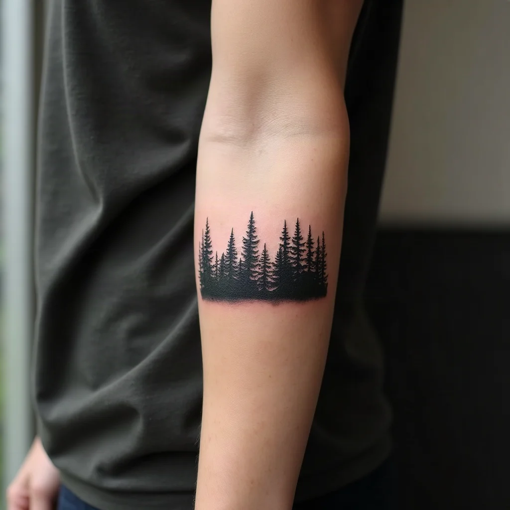 Blackwork pine treeline band tattoo on a son's outer forearm, matching his mother's band