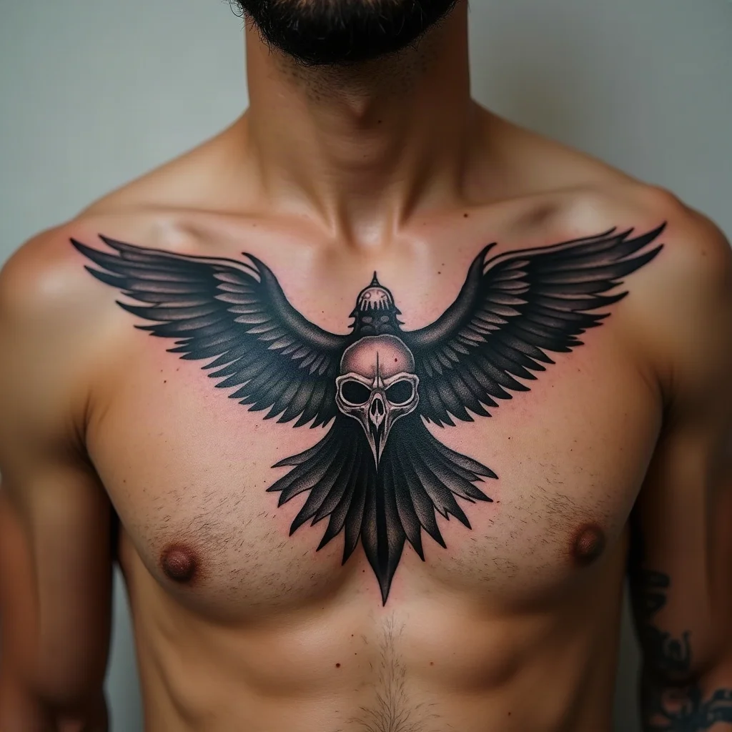 Blackwork raven skull tattoo between the pecs on a man's chest