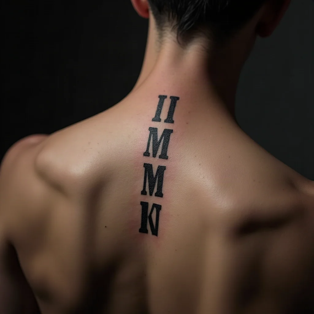 Blackwork Roman numeral date stacked in three centred tiers down the spine