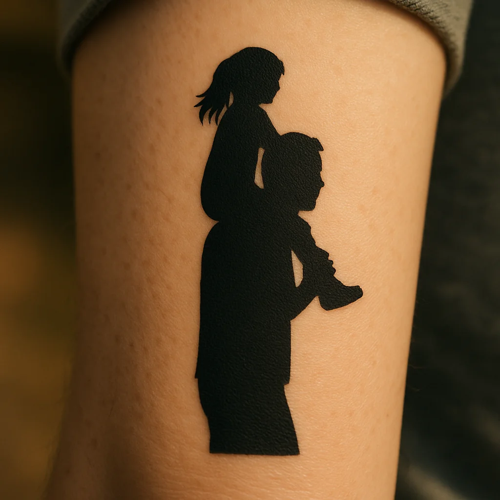 Blackwork silhouette of a father giving a girl a shoulder ride tattooed on an outer forearm