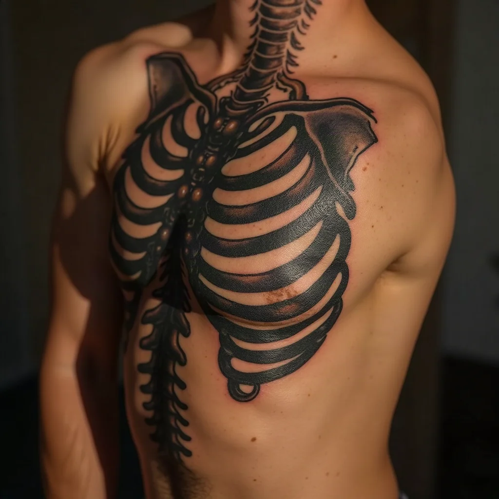 Blackwork skeletal rib overlay with torn skin edge on a man's side of the ribcage