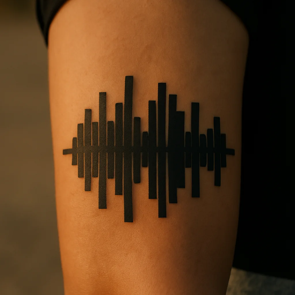 Blackwork soundwave with chunky vertical bars tattooed along an outer forearm