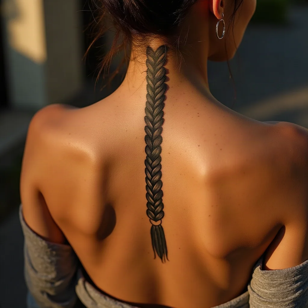 Blackwork three-strand braid tattoo running down a sister's spine