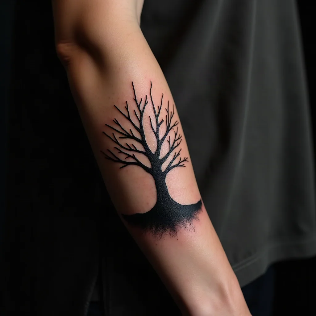 Blackwork tree branches tattoo on a son's outer forearm, stacking with his mother's roots
