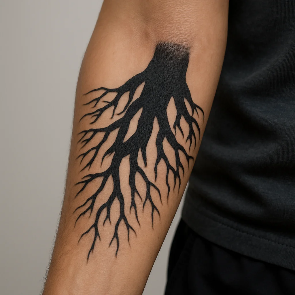 Blackwork tree roots reaching down the inner forearm toward the wrist