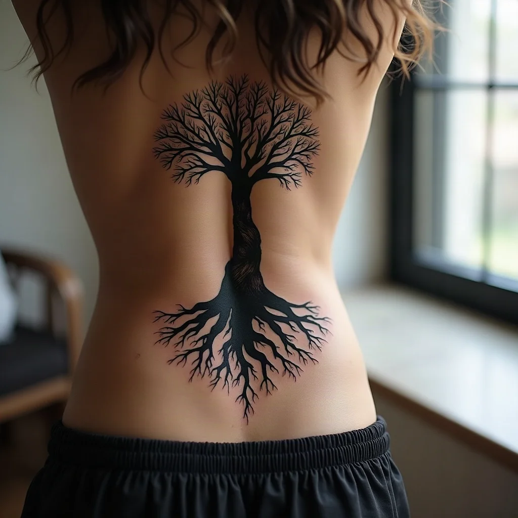 Blackwork tree roots tattoo down a sister's spine as part of a divided three-way design