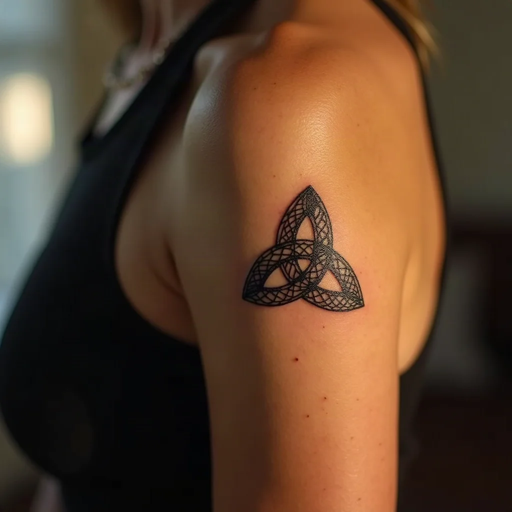 Blackwork triquetra knot tattoo on a woman's upper arm as a three-sister symbol