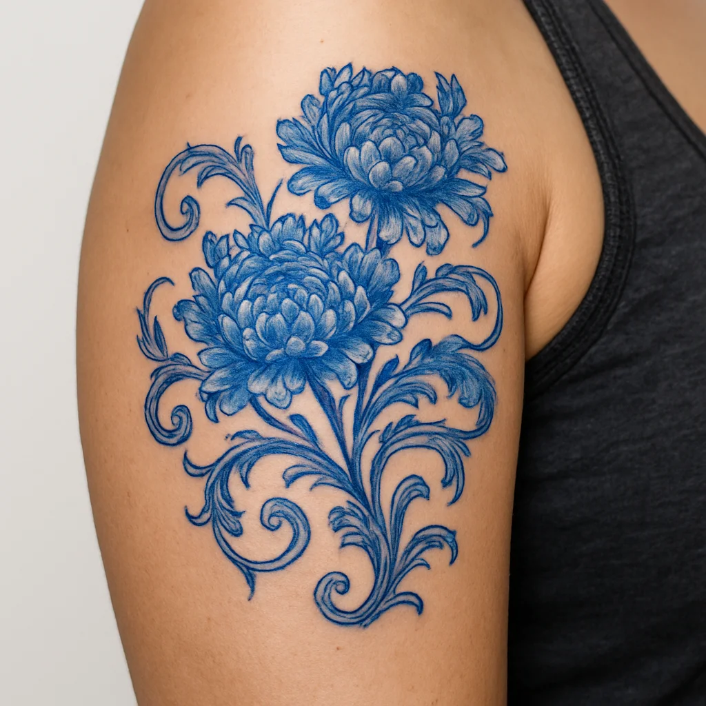 Blue and white porcelain style floral tattoo with chrysanthemums on the upper arm