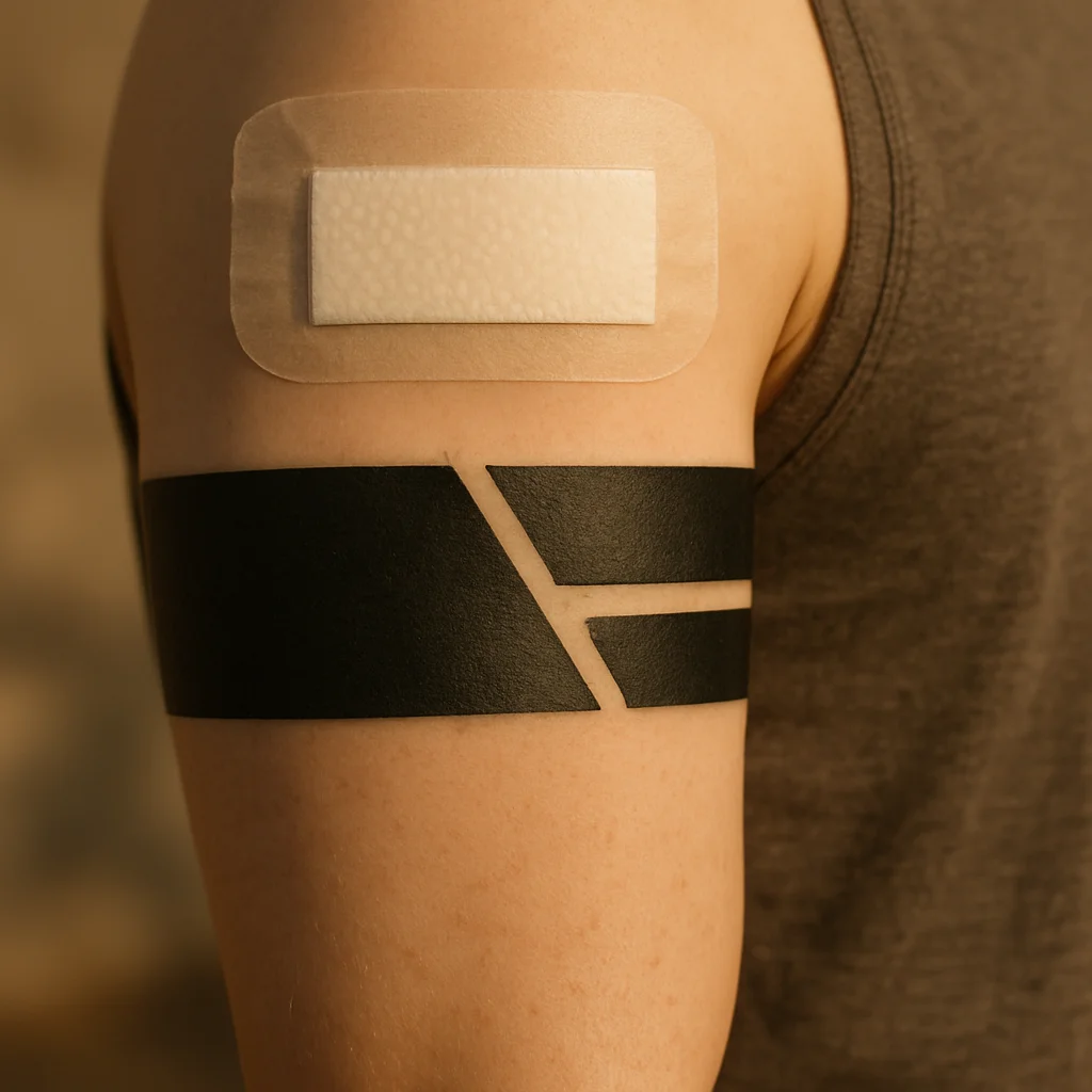 Bold blackwork geometric band tattoo on an upper arm covered by a taped absorbent dressing pad