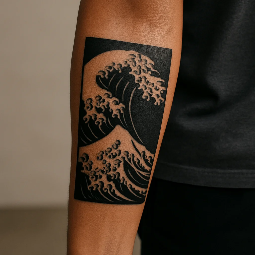 Bold blackwork Japanese wave panel filling the outer forearm from wrist to elbow on a man's arm