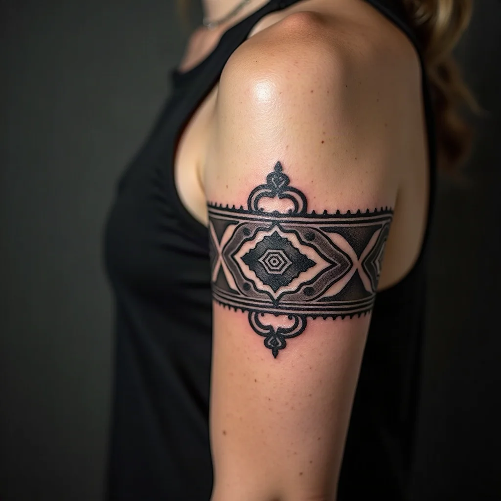 Bold blackwork ornamental band with solid fill and negative-space notches wrapping the upper arm