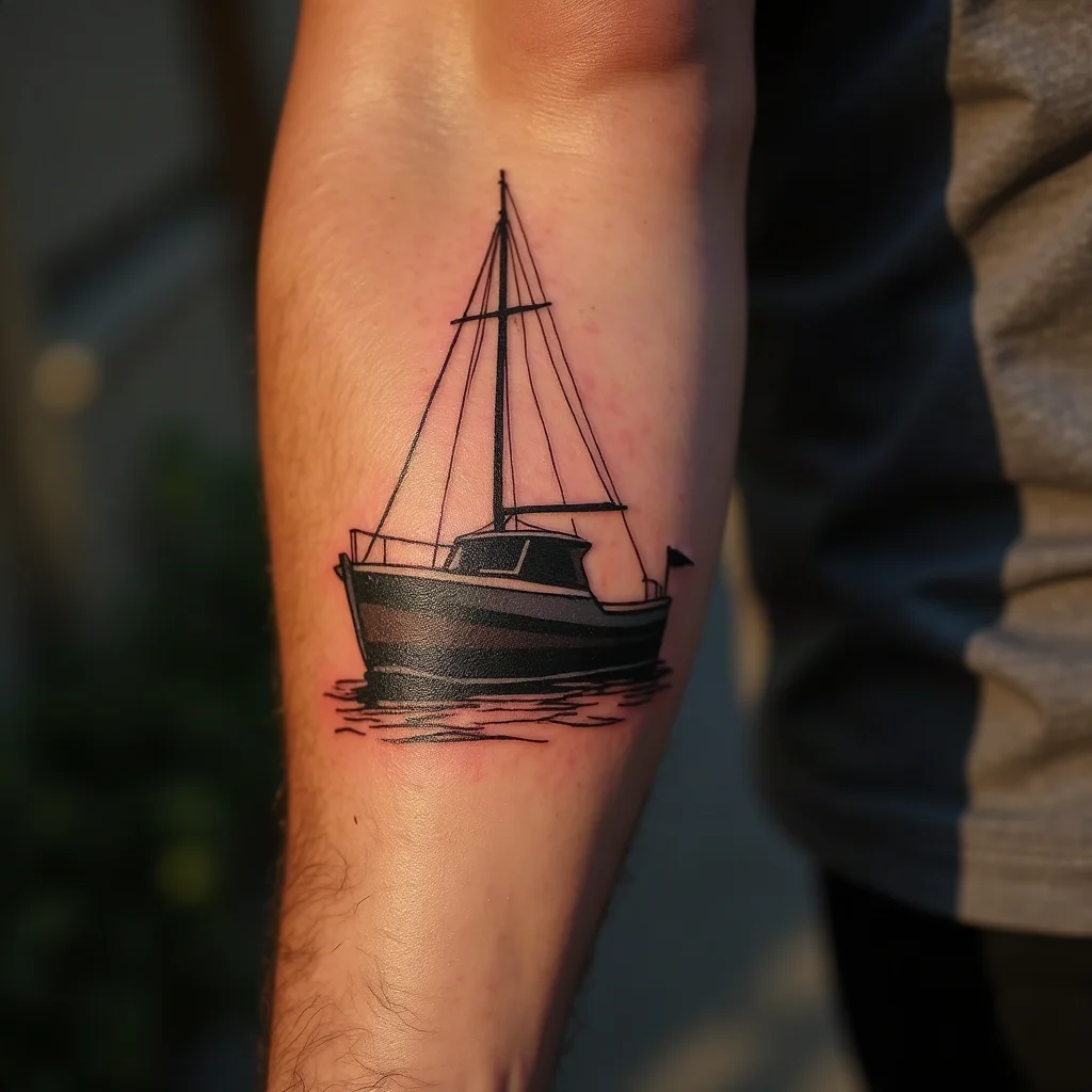 Bold-line fishing boat outline tattoo in blackwork on a man's outer forearm