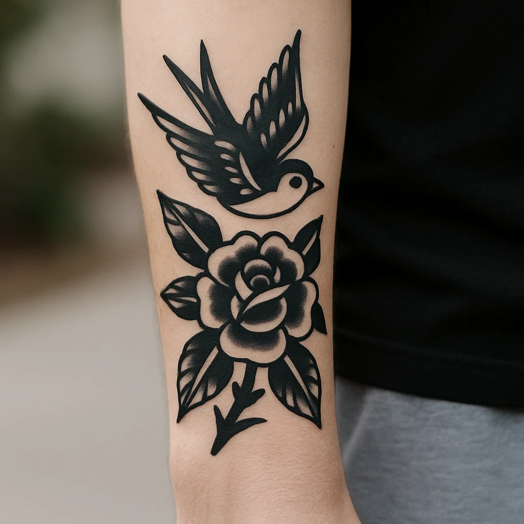 Bold outline traditional tattoo sized to leave clear skin at the wrist and elbow on the outer forearm