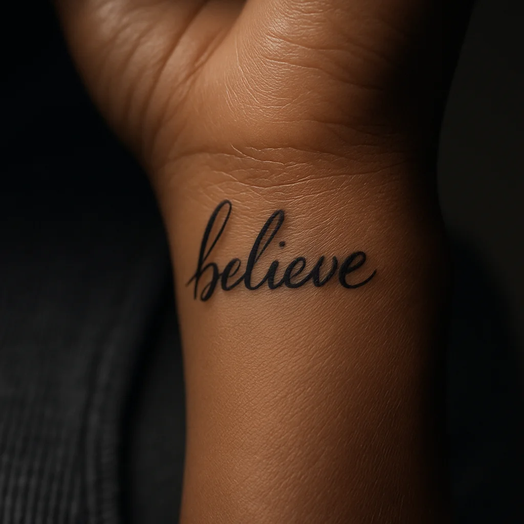 Bold script one-word tattoo with thick-thin contrast on the side of a man's wrist below the thumb
