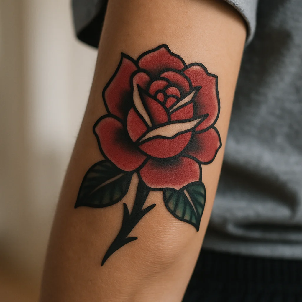 Bold traditional rose with heavy black outline and solid red packing tattooed on an outer forearm