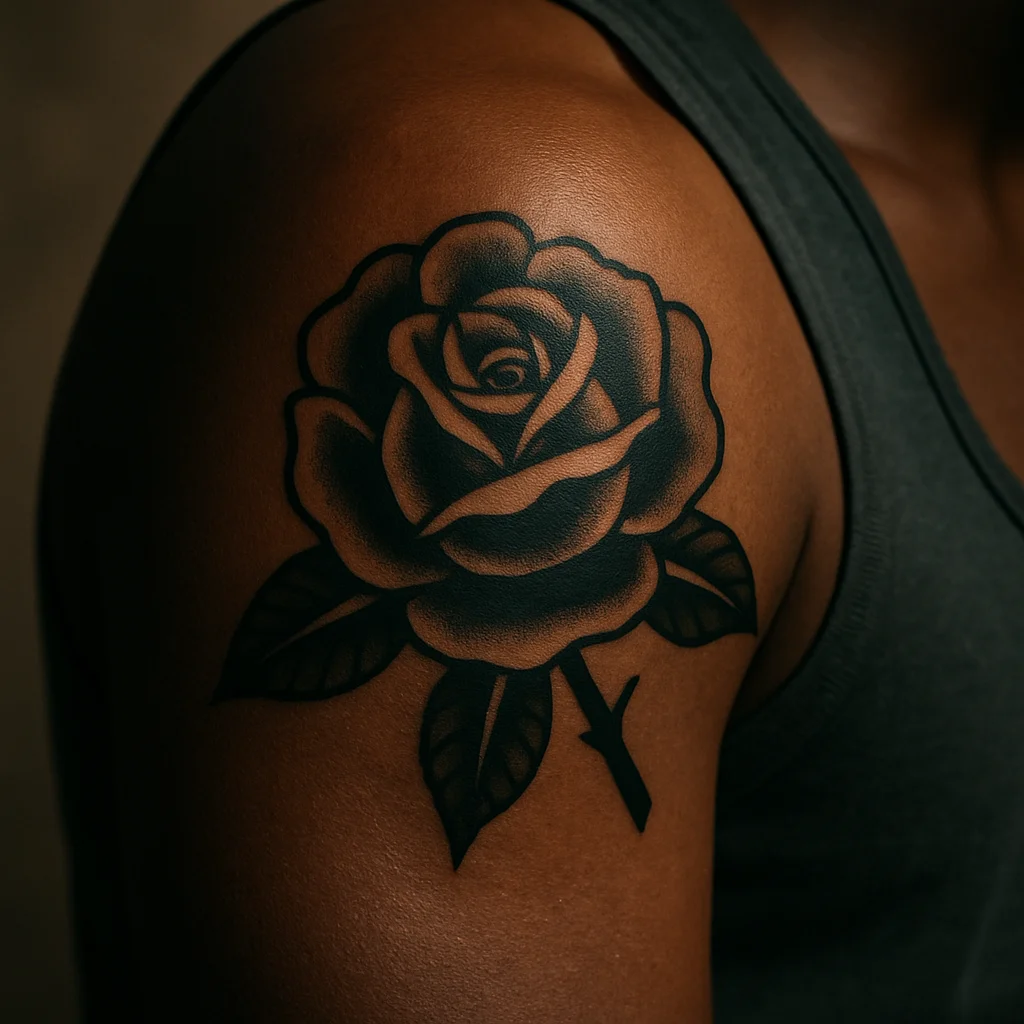 Bold traditional rose with leaves tattooed on the outer deltoid cap of an upper arm
