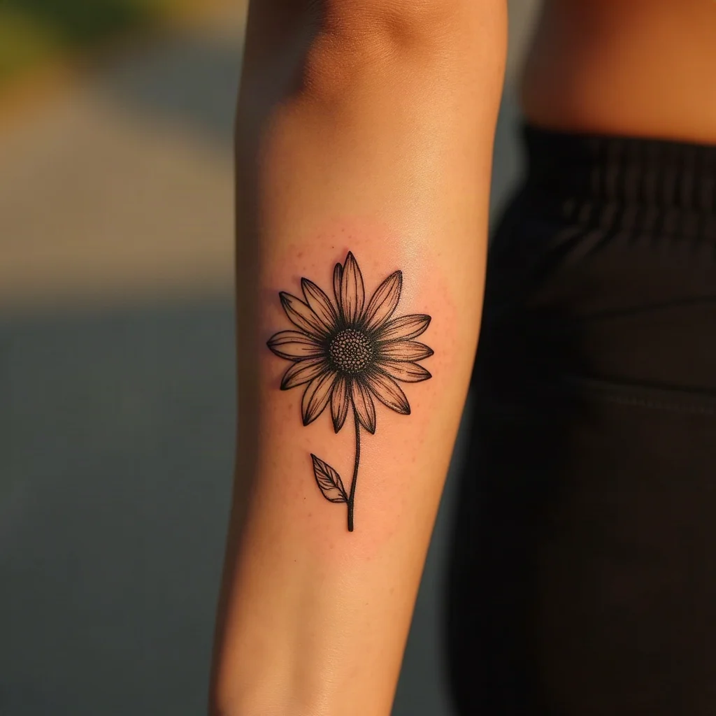 Botanical aster with narrow ray petals and a stippled center, illustrative style on the inner forearm